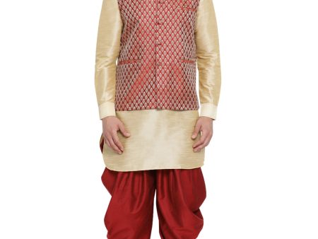 Vastramay Men s Gold Silk Blend Jacket, Kurta and Dhoti Set Hot on Sale