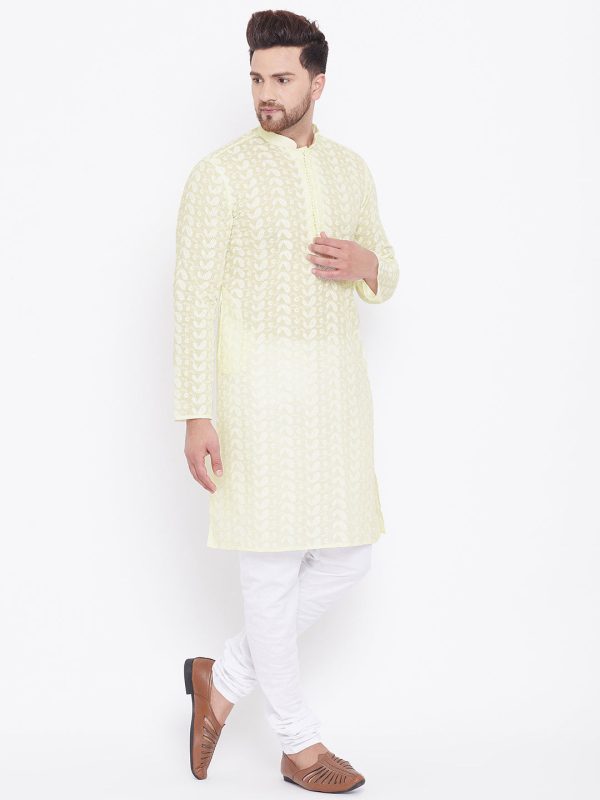 Vastramay Men s Yellow and White Cotton Kurta Pyjama Set Supply