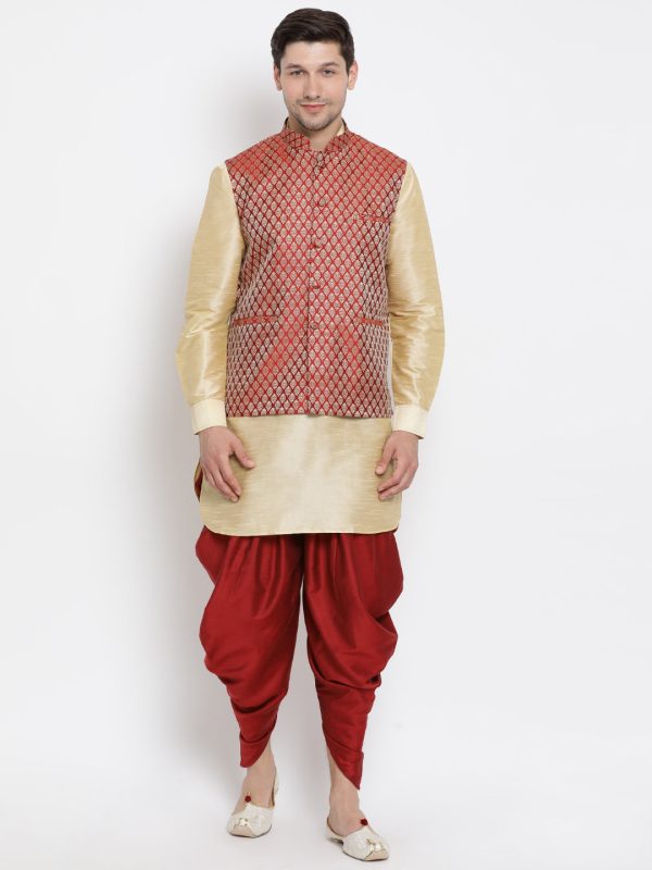 Vastramay Men s Gold Silk Blend Jacket, Kurta and Dhoti Set Hot on Sale