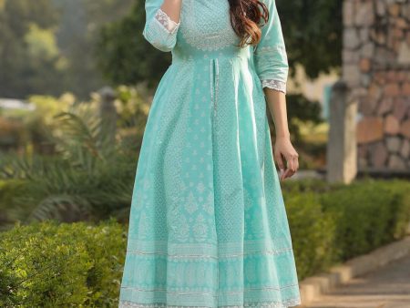 Juniper Women s Aqua Cambric Floral Printed Double Layered Kalidar Dress For Sale