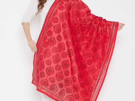 Wahe-NOOR Women s Red Chanderi Poly Silk Embroidered Dupatta Cheap