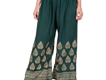 PAVONINE Bottle Green Color Golden Printed Rayon Fabric Sharara For Women Online