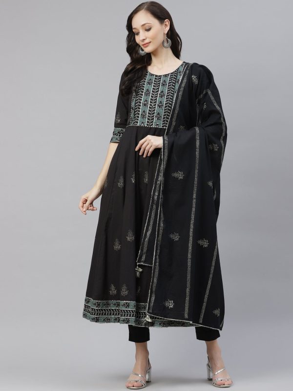 Wahe-NOOR Women s Black Cotton Anarkali Kurta Pant Set With Dupatta Online now