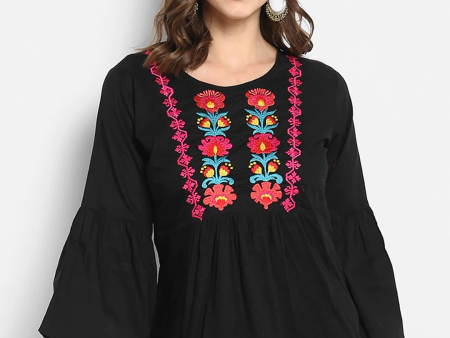 Wahe-NOOR Women s Black Embroidered A-Line Top Online now