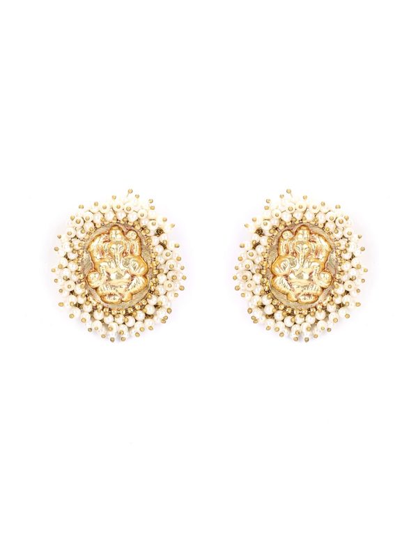 Priyaasi Women White Beads Gold Plated Temple Stud Earrings For Cheap