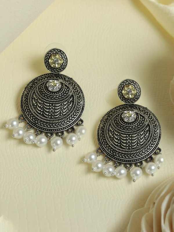 Priyaasi Women Floral Oxidised Silver Pearl Drop Earrings For Discount