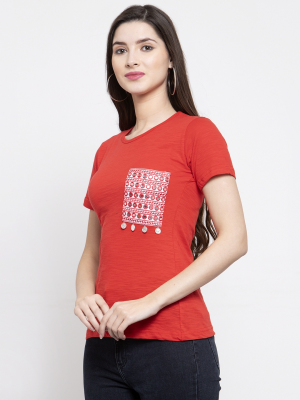 Wahe-NOOR Women s Red Solid Round Neck T-Shirt Supply