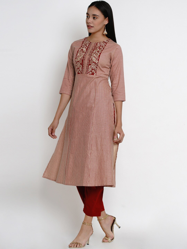 Wahe-NOOR Women s Beige & Maroon Striped Kurti With Palazzos Online