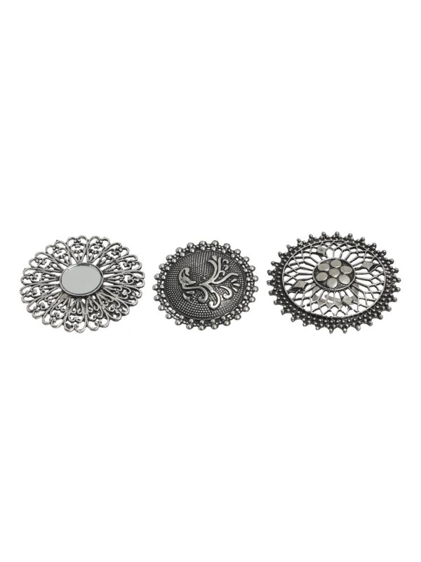 Priyaasi Women Floral Mirror Motif Oxidised Silver Ring Set of 3 on Sale