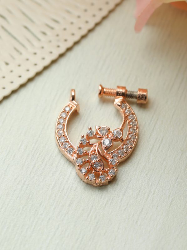 Priyaasi Women Floral American Diamond Rose Gold Plated Nose Ring Online Sale