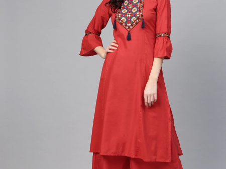 Wahe-NOOR Women s Rust Red Yoke Design Kurta With Palazzos Discount