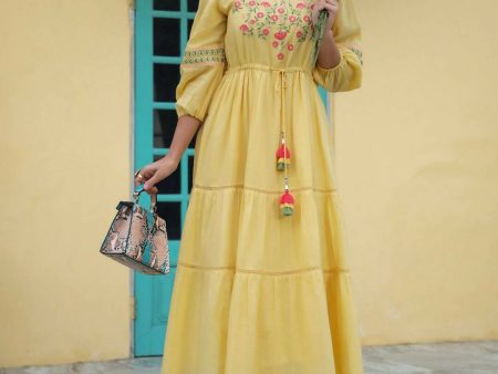 Juniper Women s Yellow Cotton Dobby Embroidered Flared Dress on Sale