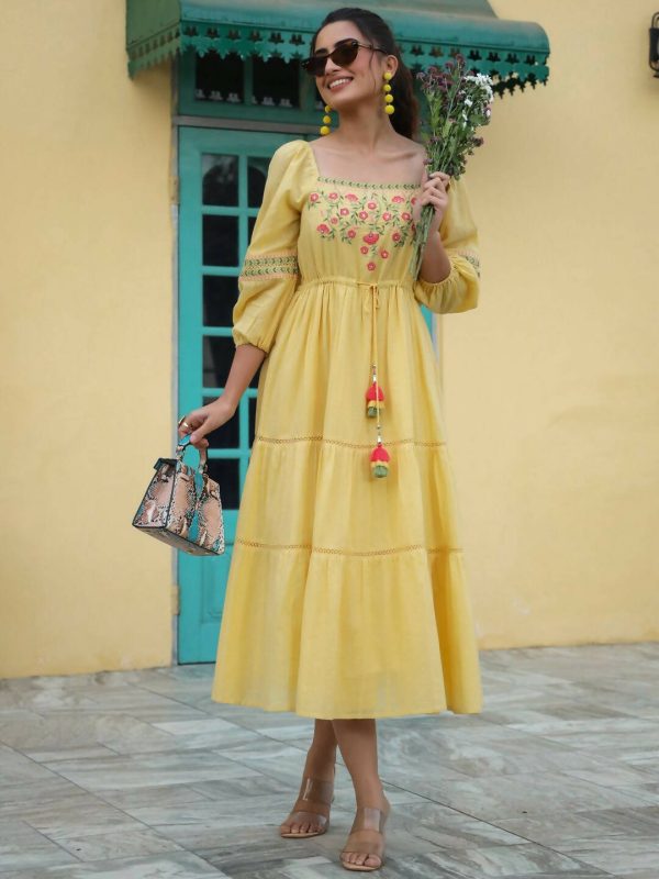 Juniper Women s Yellow Cotton Dobby Embroidered Flared Dress on Sale