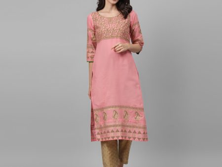 Maai Rayon Hand Printed Kurta Peach Online Hot Sale