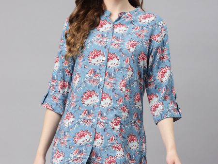 Wahe-NOOR Women s Sky Blue Floral Rayon Top Online now