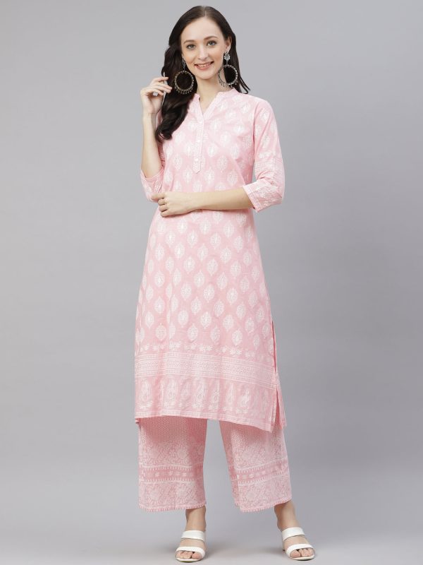 Wahe-NOOR Women s Baby Pink Cotton Kurta Palazzo Set Online Sale