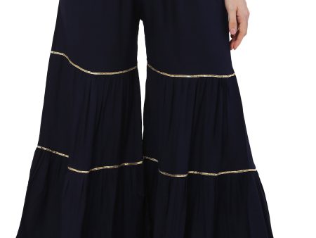 PAVONINE Navy Blue Color 3-Panels Golden Gota Flared Sharara For Women For Discount