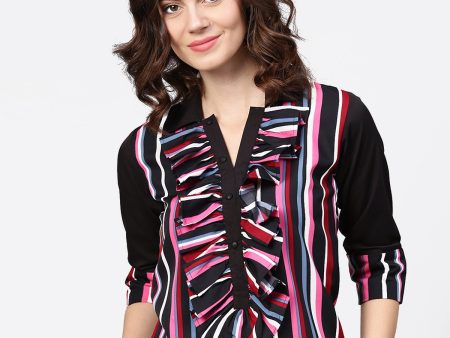 NOZ2TOZ Black Striped Full Sleeve Crepe Tops For Sale