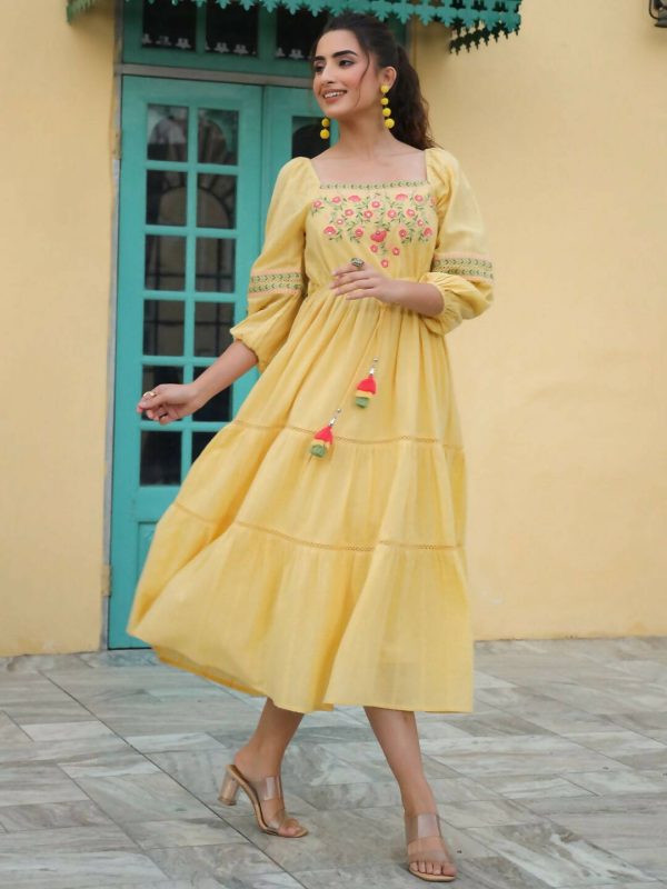 Juniper Women s Yellow Cotton Dobby Embroidered Flared Dress on Sale