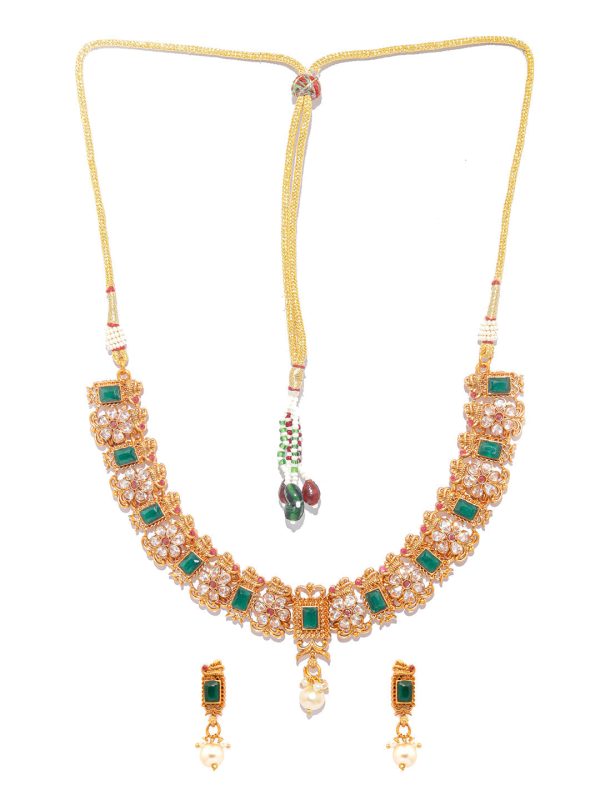 Priyaasi Women Ethnic Ruby & Green Gold Plated Floral Jewellery Set Discount