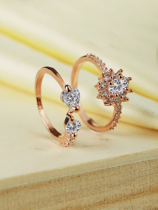 Priyaasi Women Floral American Diamond Rose Gold Plated Ring Set of 2 Fashion