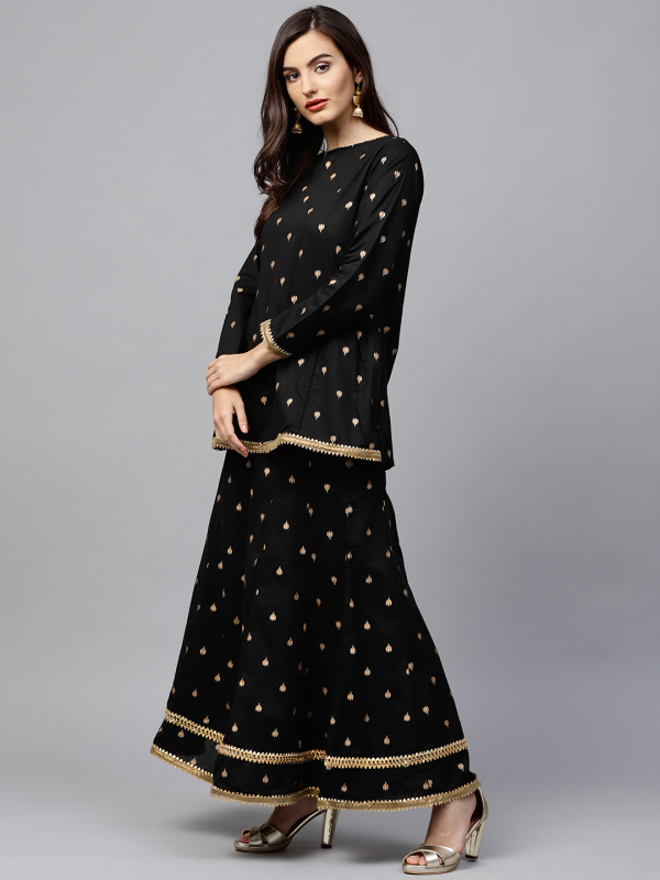 Wahe-NOOR Women s Black & Golden Printed Kurti With Palazzos Supply