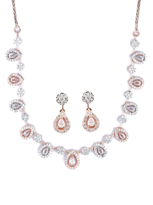 Priyaasi Women Elegant Teardrop Shaped American Diamond Rose Gold Jewellery Set Online