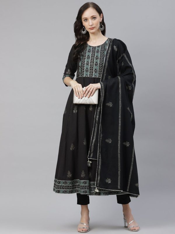 Wahe-NOOR Women s Black Cotton Anarkali Kurta Pant Set With Dupatta Online now