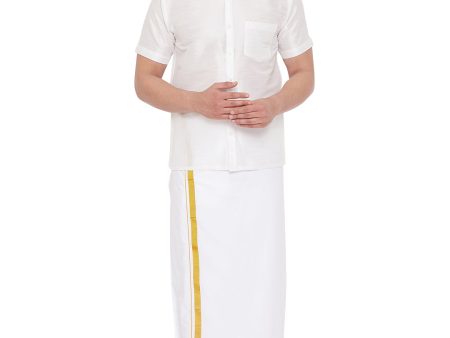 Vastramay Men s White Silk Blend Shirt And Mundu Hot on Sale