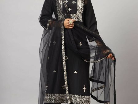 Juniper Women s Black Chinnon Solid Embroidered Kurta Set Online