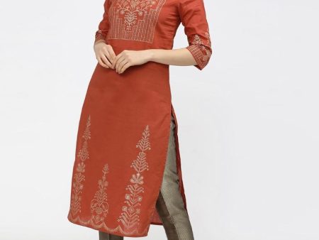 Maai Rayon Hand Printed Kurta Orange For Discount