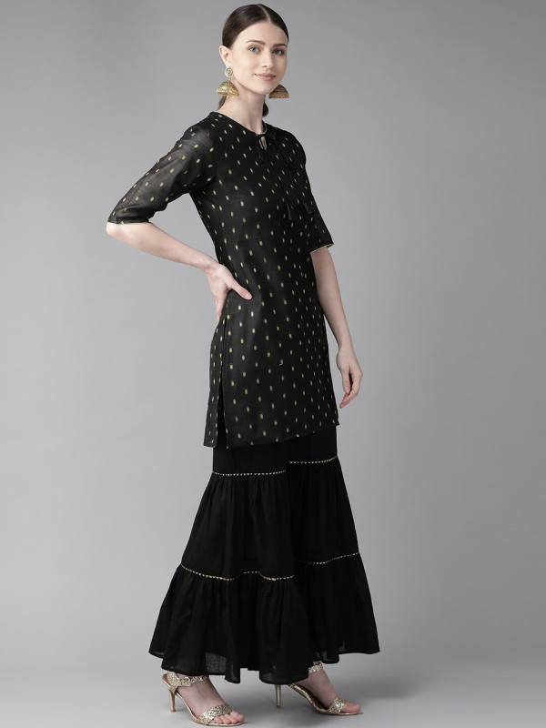 Wahe-NOOR Women s Black & Golden Woven Design Kurta With Sharara on Sale