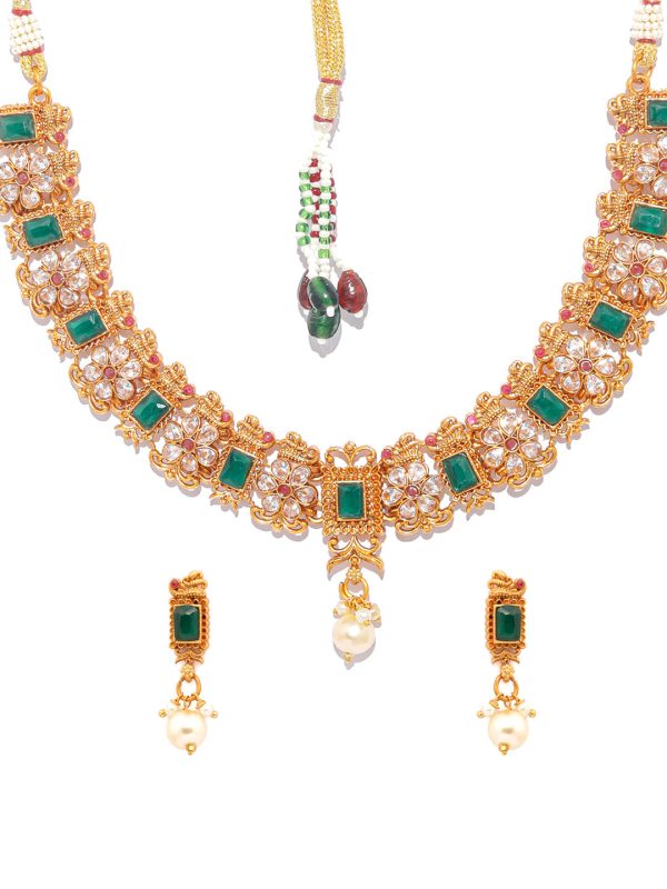 Priyaasi Women Ethnic Ruby & Green Gold Plated Floral Jewellery Set Discount