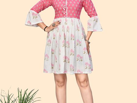 NOZ2TOZ Women s Floral Print A-Line Cotton Pink & White Stitched Dress For Cheap