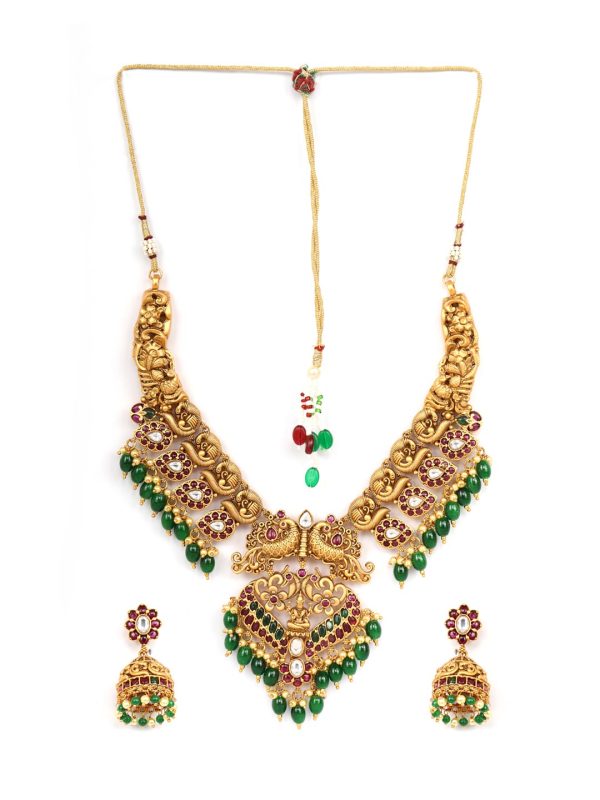 Priyaasi Women Emerald Ruby Pearls Beads Stones Gold Plated Peacock Choker Set Cheap