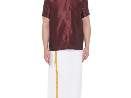 Vastramay Men s Wine and White Silk Blend Shirt And Mundu Supply