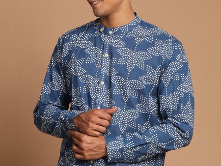 Shvaas By Vastramay Men s Indigo Blue Cotton Ethnic Shirt Hot on Sale