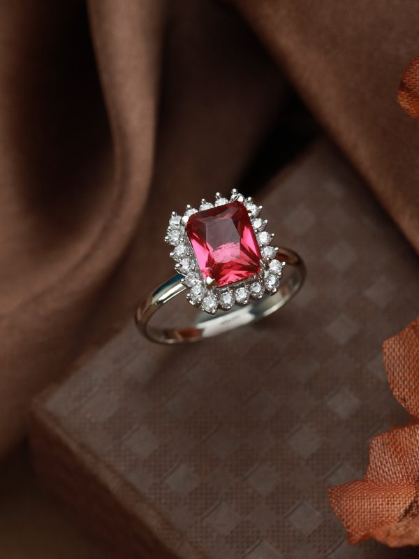 Priyaasi Women Dark Pink Silver Plated Solitaire Ring Sale