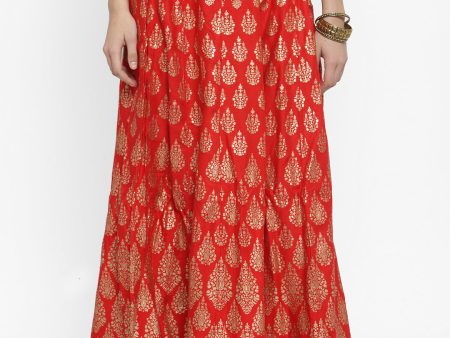 Wahe-NOOR Women s Red Printed Embellished Flared Skirt Cheap