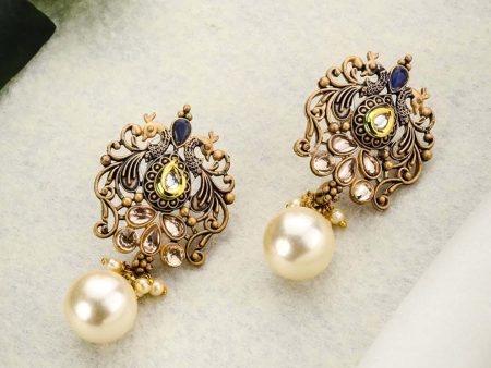 Priyaasi Women Blue Pearls Kundan Gold Plated Peacock Drop Earrings Online