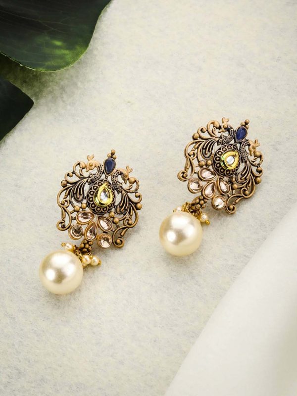 Priyaasi Women Blue Pearls Kundan Gold Plated Peacock Drop Earrings Online