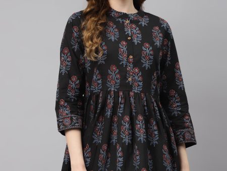 Wahe-NOOR Women s Black Floral Cotton Peplum Top Supply