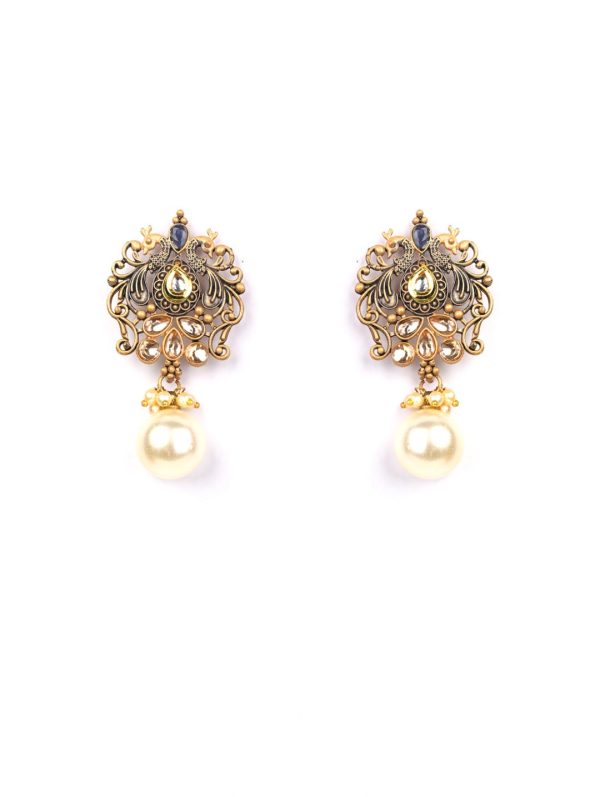 Priyaasi Women Blue Pearls Kundan Gold Plated Peacock Drop Earrings Online