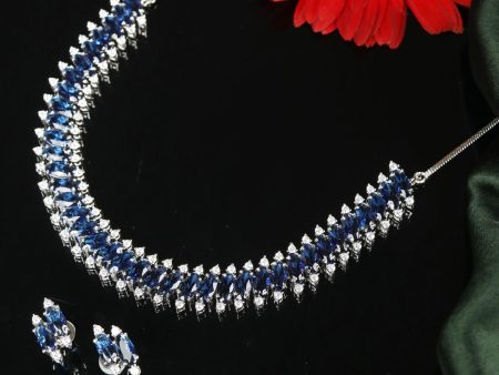 Priyaasi Women Blue American Diamond Silver Plated Jewellery Set Discount