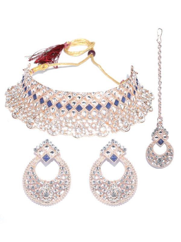 Priyaasi Women Blue Kundan Stones Rose Gold Plated Choker Set with MaangTikka Online