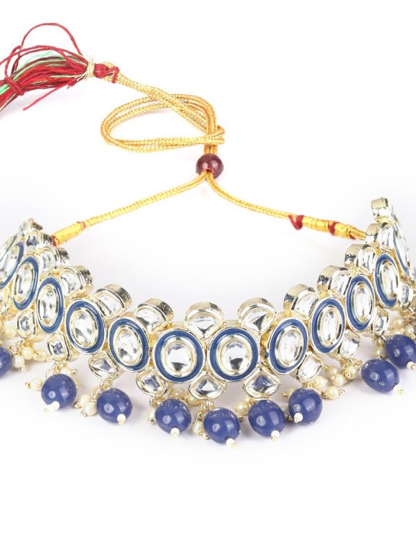 Priyaasi Women Blue Pearls Kundan Gold Plated Choker Set with MaangTikka Discount