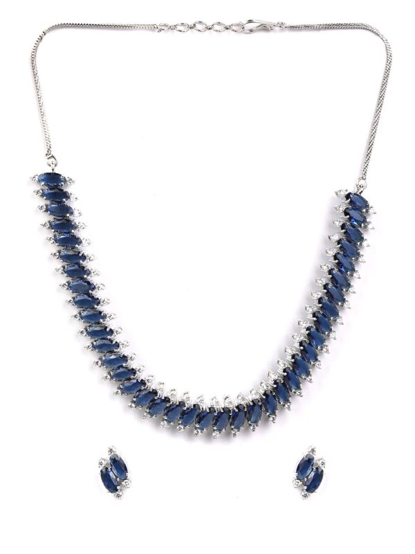 Priyaasi Women Blue American Diamond Silver Plated Jewellery Set Discount