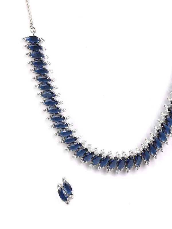 Priyaasi Women Blue American Diamond Silver Plated Jewellery Set Discount