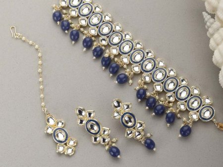 Priyaasi Women Blue Pearls Kundan Gold Plated Choker Set with MaangTikka Discount