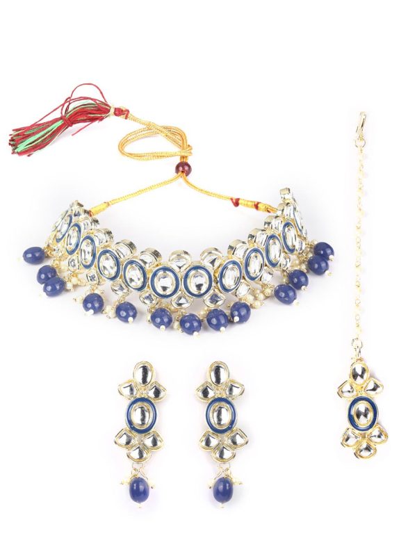 Priyaasi Women Blue Pearls Kundan Gold Plated Choker Set with MaangTikka Discount